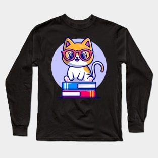 Cute Cat Sitting On Book Stack Cartoon Long Sleeve T-Shirt